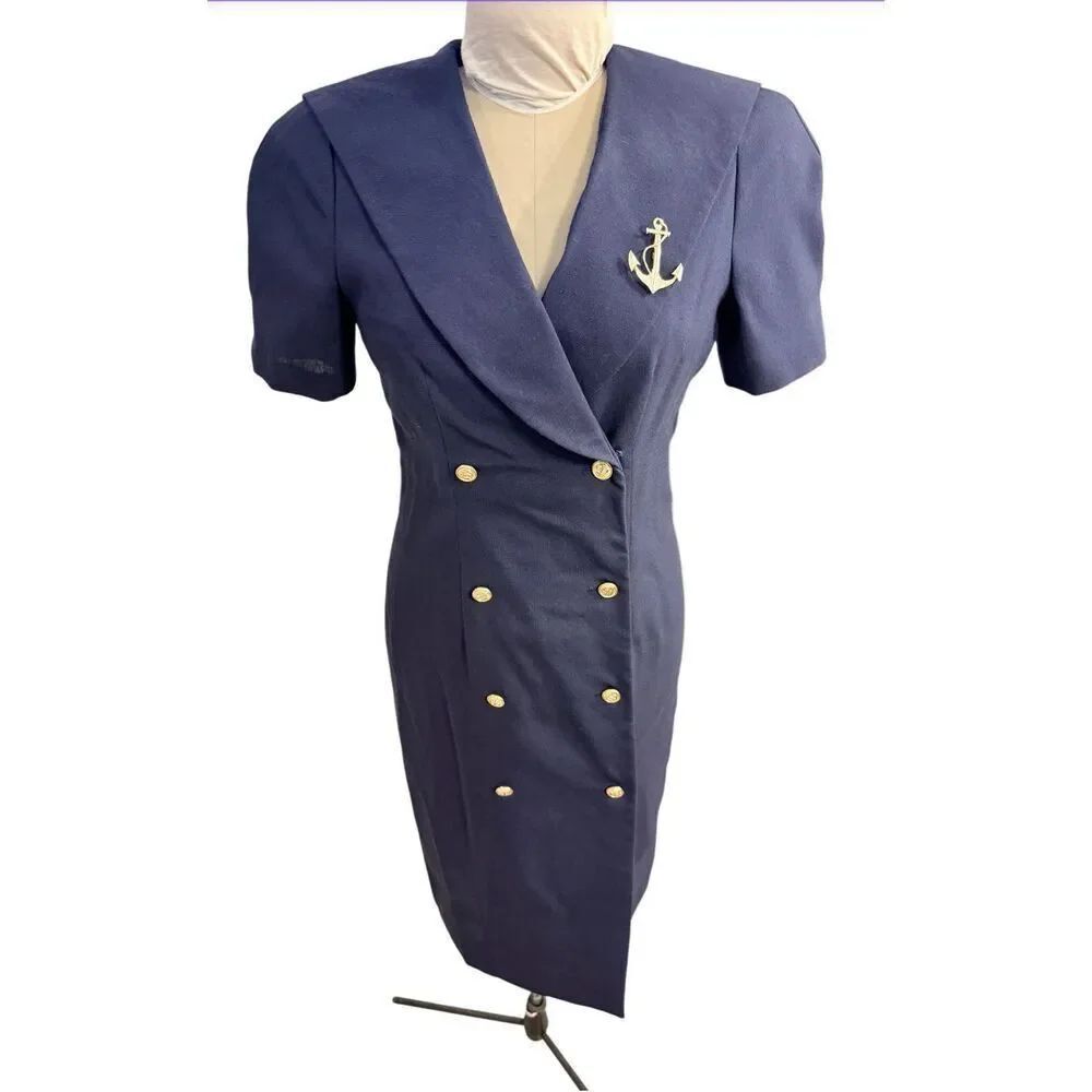 Leslie Fay Vintage Sailor Dress Petite 10 Anchor Pin Union Label